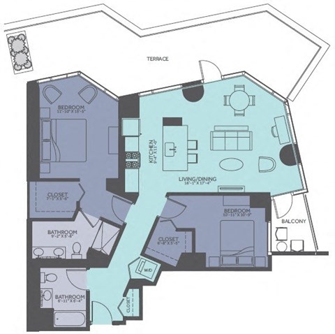Floor plan for 2 beds, 2 baths, 1227 sqft